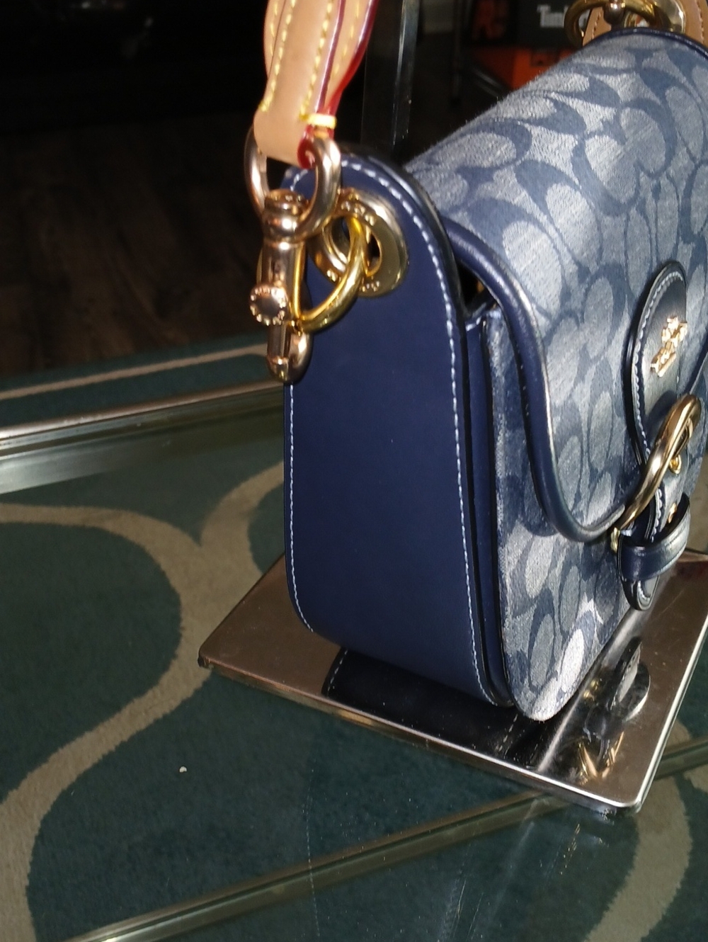 Coach Kleo Navy Signature Denim Crossbody with Tan Leather Strap and Tassel - Picture 6 of 10
